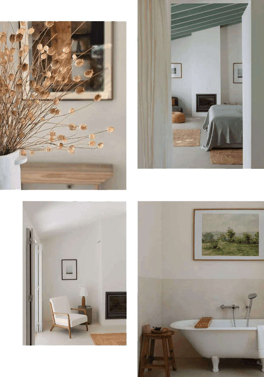Four interiors from the houses: a bedroom, a sitting room with a fireplace, a bathroom with a roll-top bath, and dried flowers on a console
